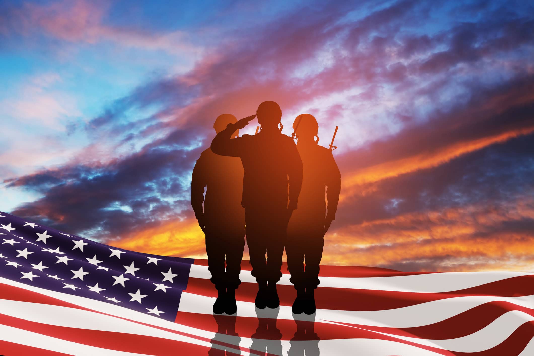USA army soldiers saluting with nation flag on a background of sunset or sunrise. Greeting card for Veterans Day, Memorial Day, Independence Day. America celebration. 3D-rendering.